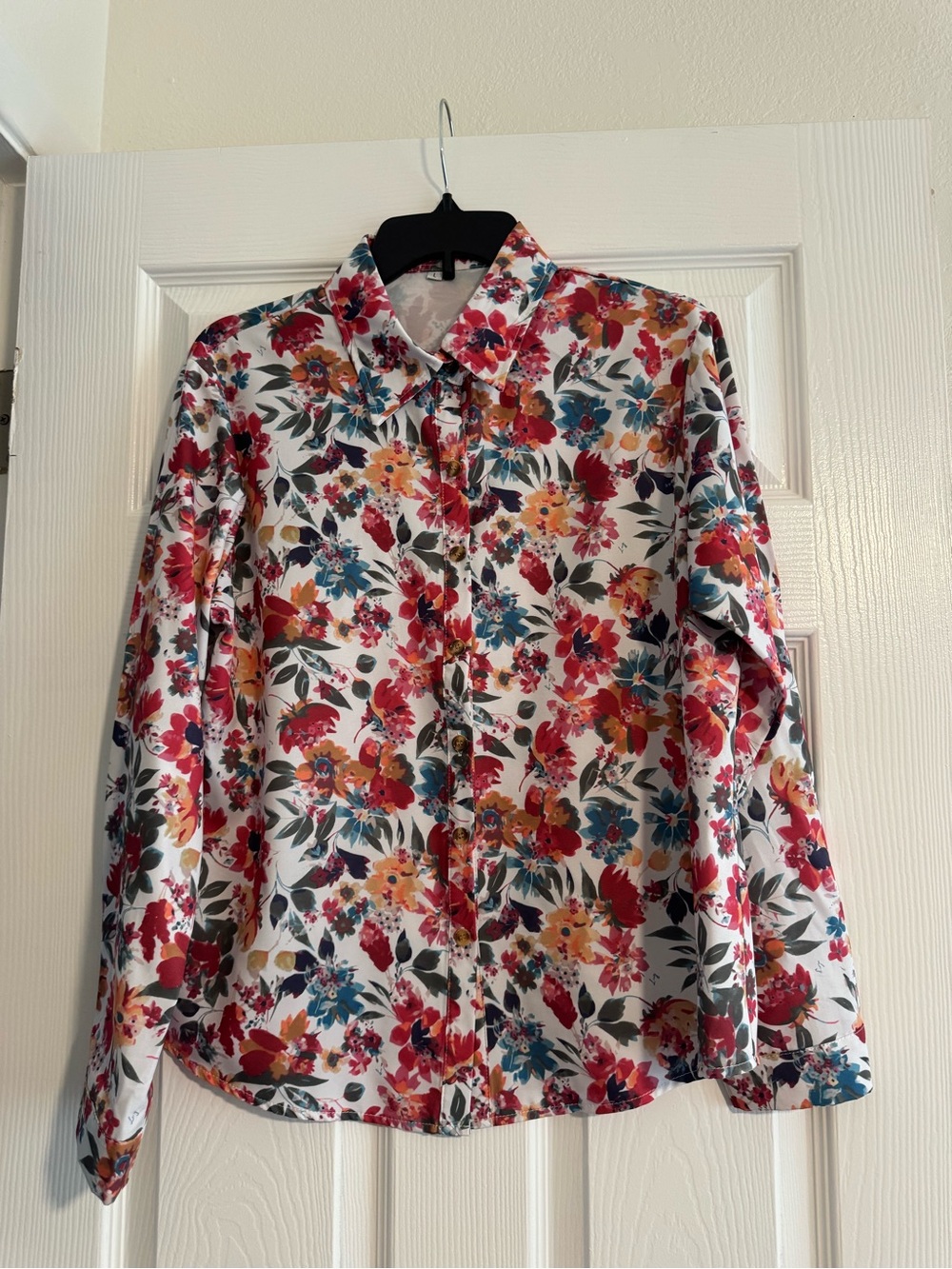 Floral Button-Up Blouse in White with Red, Teal & Mustard Flowers